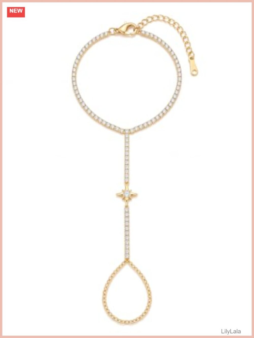 14K Gold Plated Cubic Zirconia Hand Chain Bracelet Adjustable Wrist to Finger